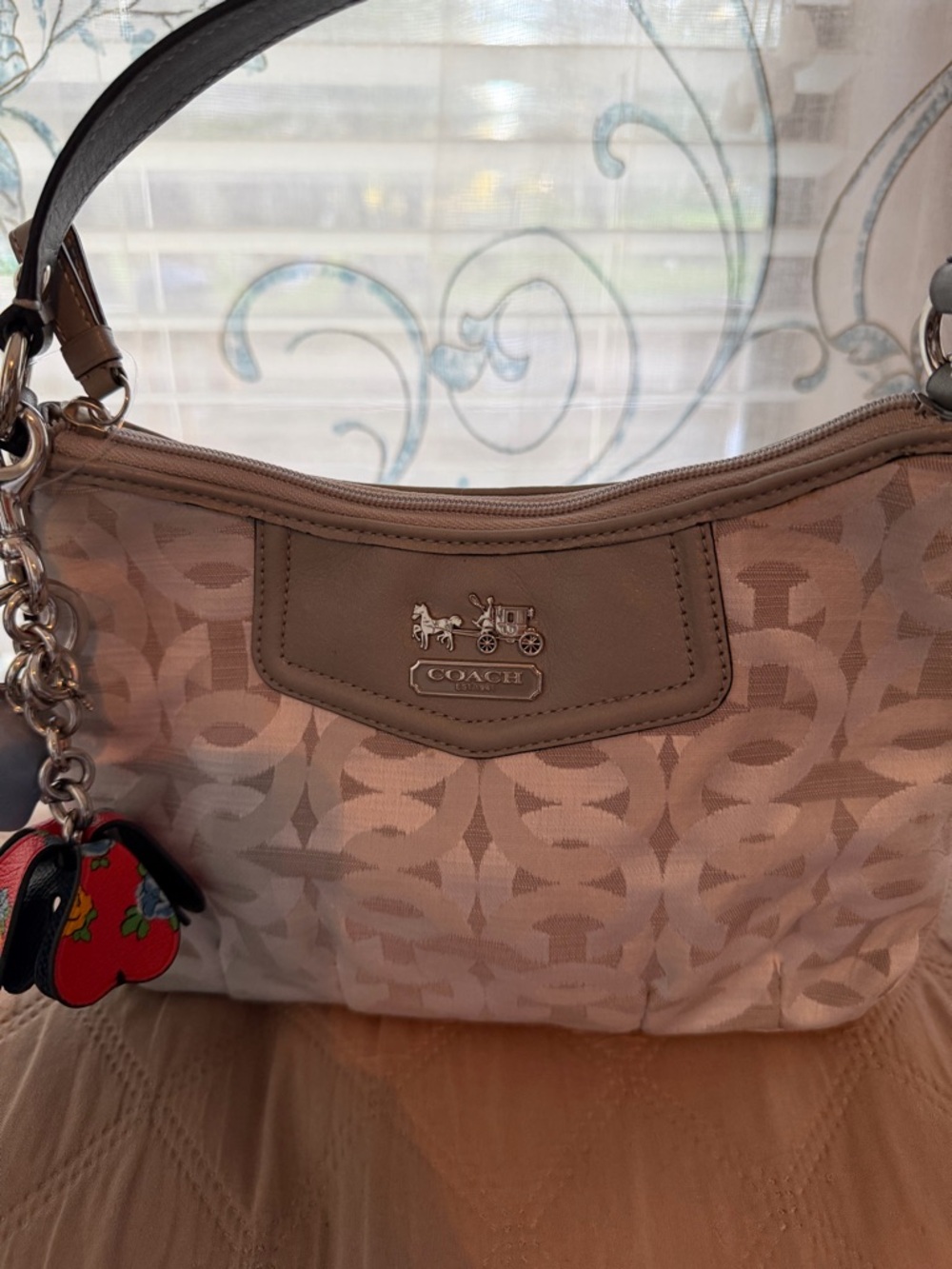 Coach Beige Signature Jacquard Shoulder Bag with Leather Trim